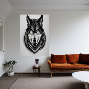Black and white portrait of a wolf   AI Art Poster
