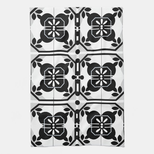 Black and White Portuguese Tile Farmhouse Design Tea Towel (Vertical)