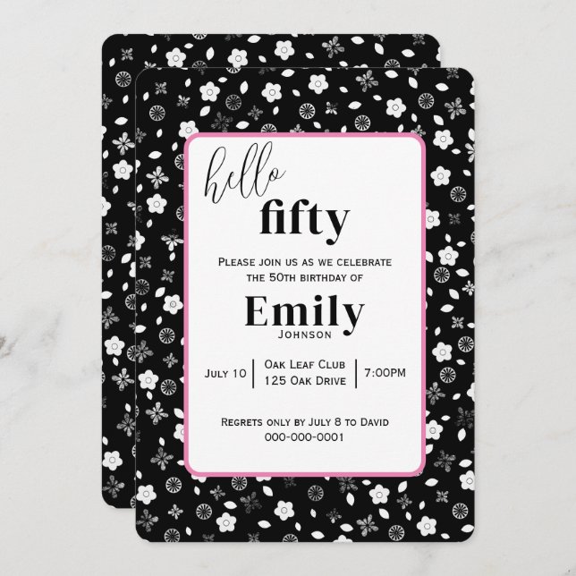 Black and White Posy for 50th Birthday Party Invitation (Front/Back)