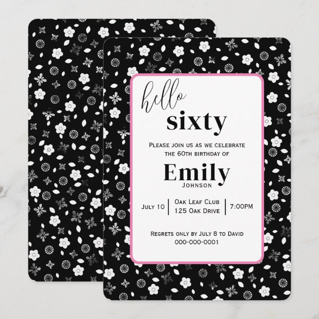 Black and White Posy for 60th Birthday Party Invitation (Front/Back)