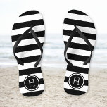 Black and White Preppy Stripes Monogram Flip Flops<br><div class="desc">Custom printed flip flop sandals with a preppy nautical stripe pattern and your custom monogram or other text in a circle frame. Click Customise It to change text fonts and colours or add your own images to create a unique one of a kind design!</div>