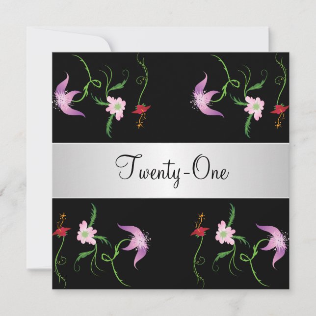 Black and White Pretty Flowers 21st Birthday Party Invitation (Front)