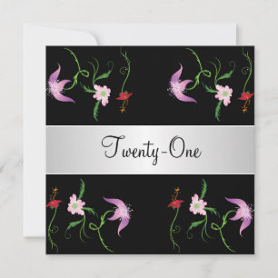 Black and White Pretty Flowers 21st Birthday Party Invitation