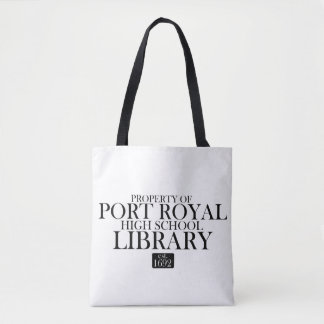 Black and white PRHS LIBRARY tote bag.