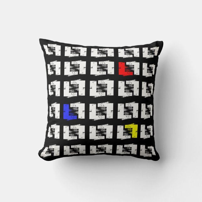 Black and White Primary Colours Geo Sketch Squares Cushion (Front)
