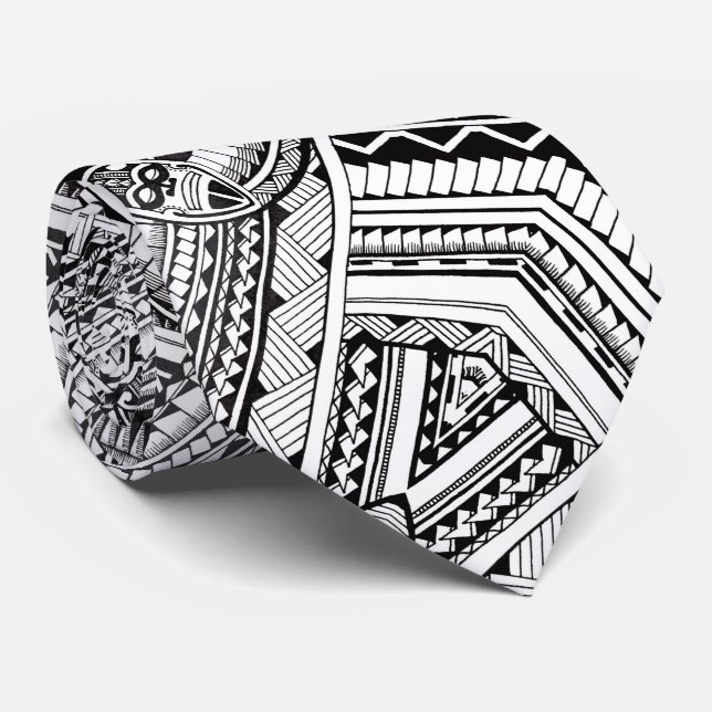 Black and White Professional Tribal Tattoo Pattern Tie (Rolled)
