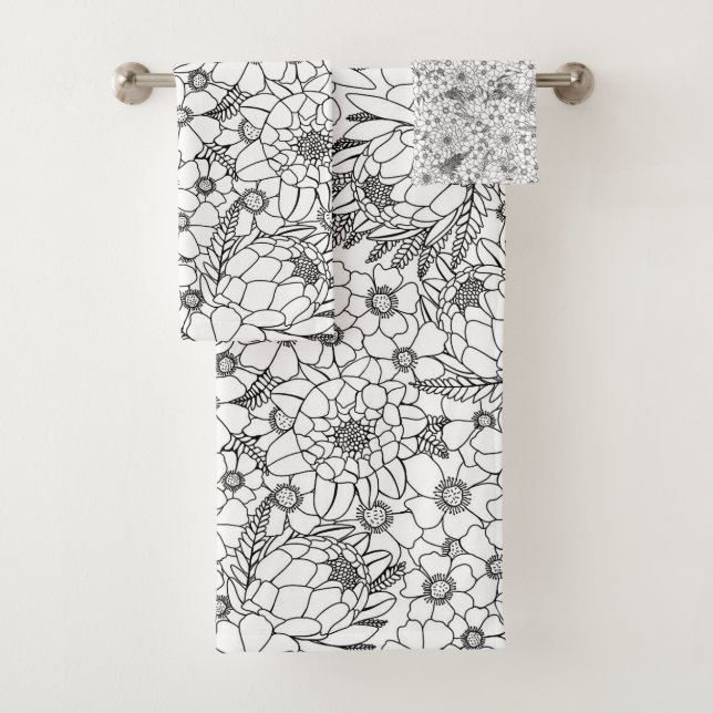 Black And White Protea Wildflower Garden Bath Towel Set (Insitu)