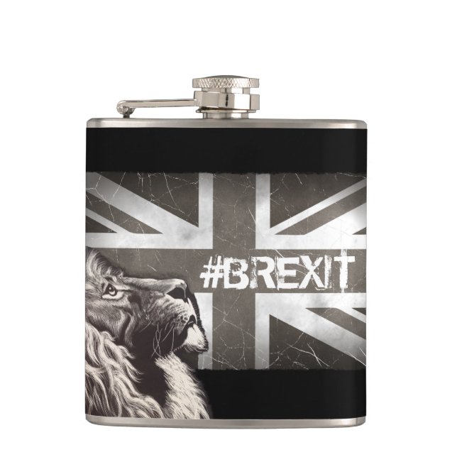 Black and White Proud Lion Union Jack #Brexit Hip Flask (Front)