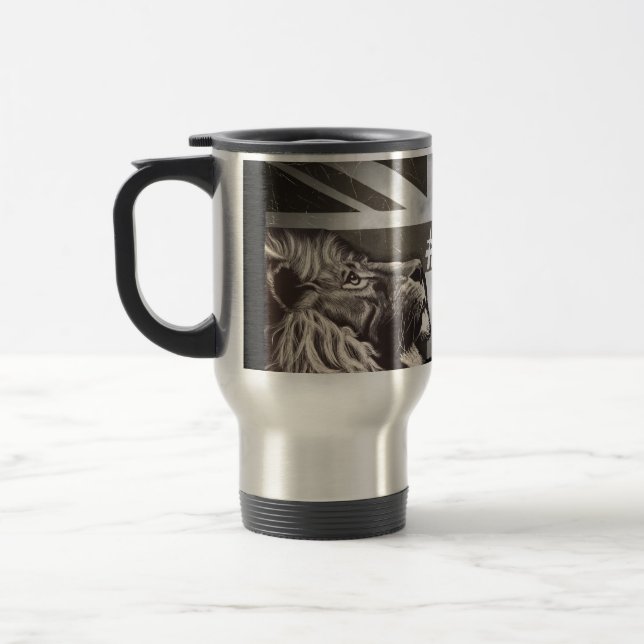Black and White Proud Lion Union Jack #Brexit Travel Mug (Left)