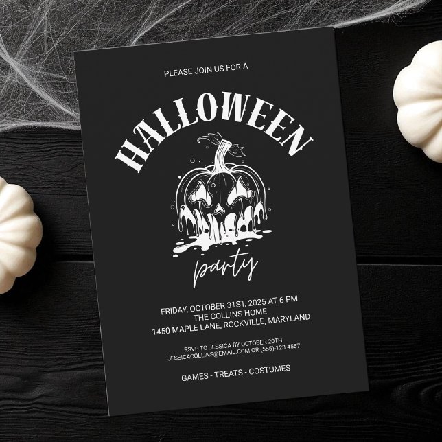 Black and White Pumpkin Adult Halloween Party Invitation (Black and White Pumpkin Adult Halloween Party Invitation)
