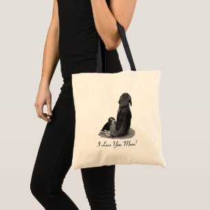black and white puppy beagle cuddling mum dog tote bag