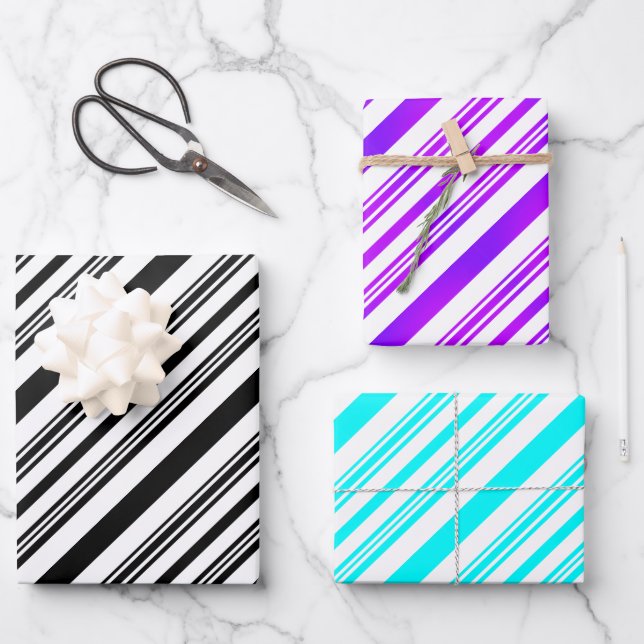 Black and white, purple and white, blue and white  wrapping paper sheet (Front)