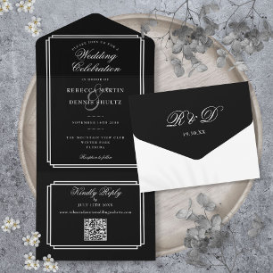 Black And White QR Code Art Deco Monogram Wedding All In One Invitation