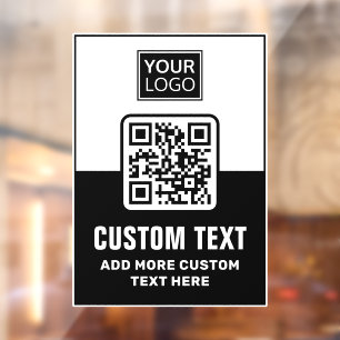 Black and white QR code, logo and custom text Window Cling