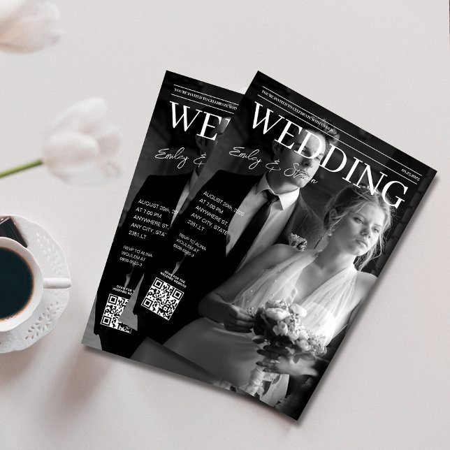 Black and white QR code magazine cover wedding Invitation (Creator Uploaded)