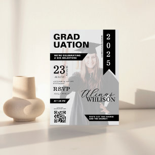 Black and white qr code magazine photo graduation invitation