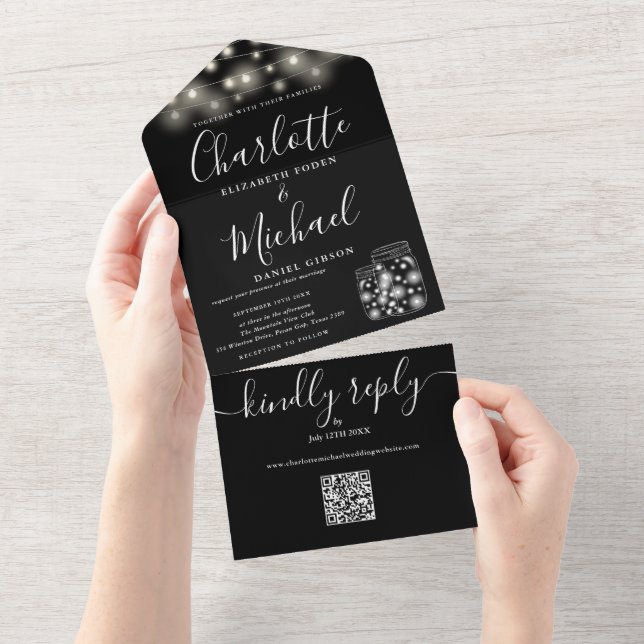 Black And White QR Code Mason Jars Lights Wedding All In One Invitation (Tearaway)