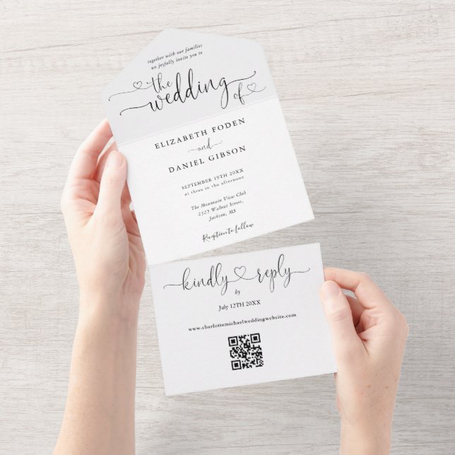 Black And White QR Code Script Hearts Wedding All In One Invitation (Tearaway)