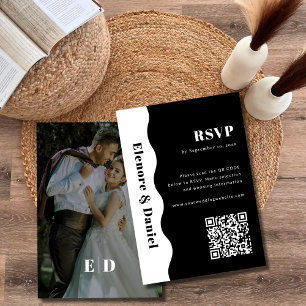 Black and White QR code Side Wave Photo Wedding RSVP Card
