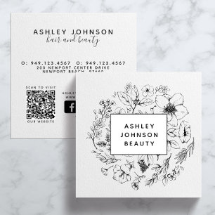 Black and White QR Code Website Modern Botanical Square Business Card