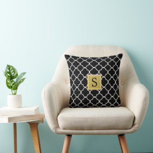 Black And White Quatrefoil, Latticework, Your Name Cushion