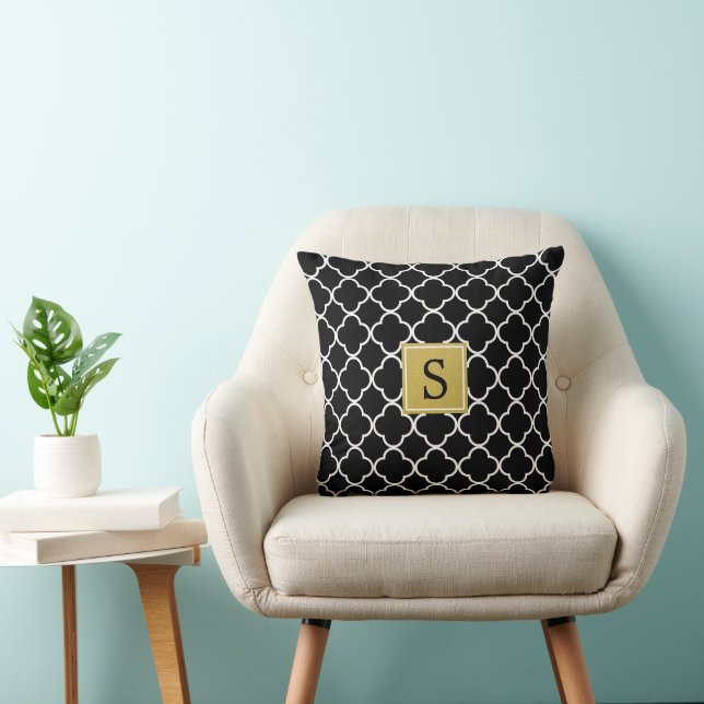 Black And White Quatrefoil, Latticework, Your Name Cushion (Chair)