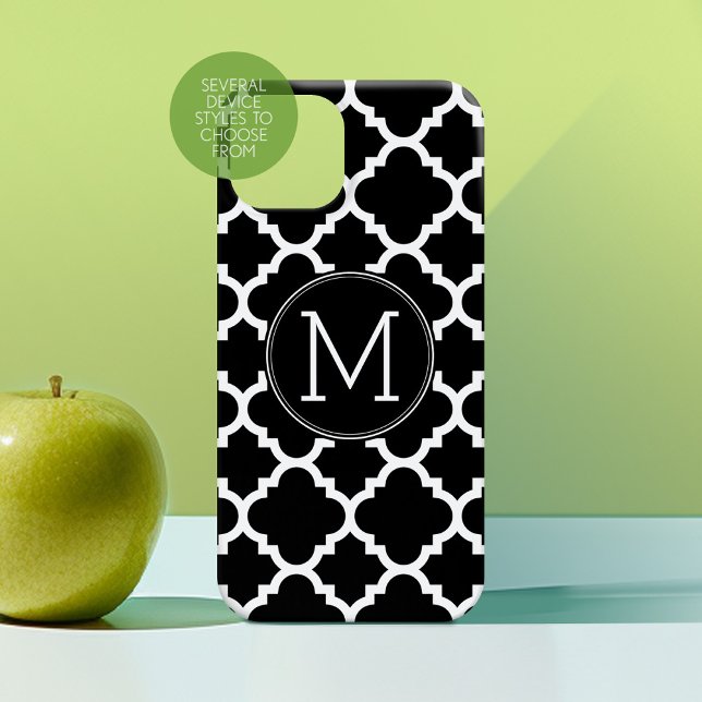 Black and White Quatrefoil Pattern Custom Monogram (Personalized Phone Case with Custom Text - Choose a Device Style)