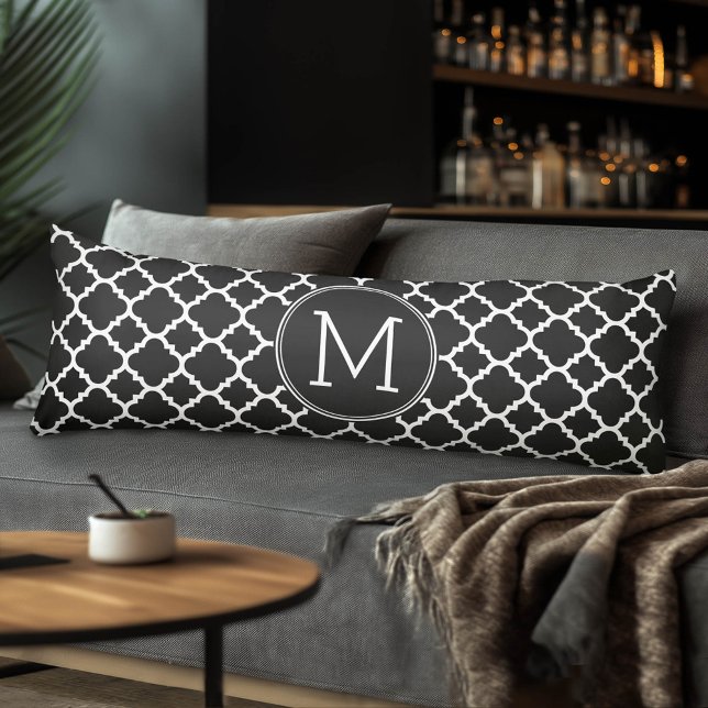 Black and White Quatrefoil Pattern Custom Monogram Body Cushion (Custom Body Pillow)