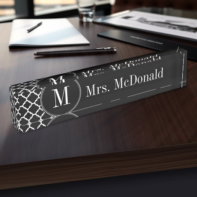 Black and White Quatrefoil Pattern Custom Monogram Nameplate (Personalized Name Plate for the Office, School or Home)