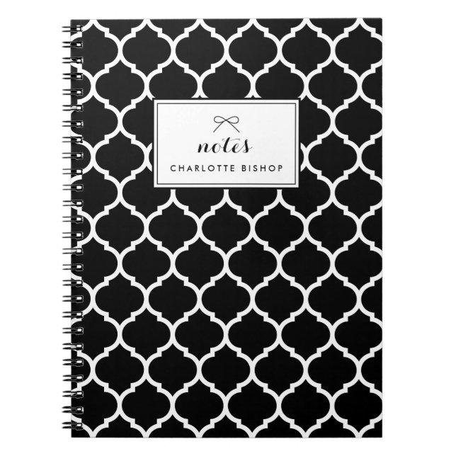 Black and White Quatrefoil Pattern Personalised Notebook (Front)