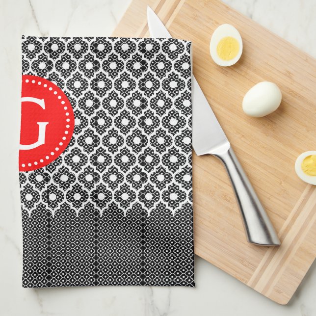 Black And White Quatrefoil Red Accent Tea Towel (Quarter Fold)