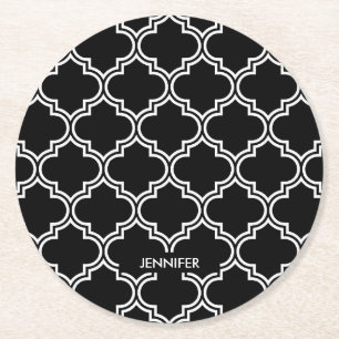 Black and White Quatrefoil Round Paper Coaster