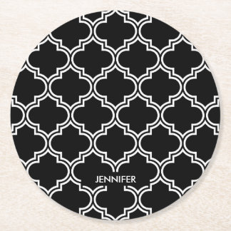 Black and White Quatrefoil Round Paper Coaster