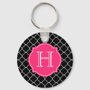 Black and White Quatrefoil with Monogram Key Ring