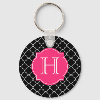 Black and White Quatrefoil with Monogram Key Ring
