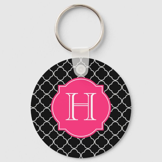 Black and White Quatrefoil with Monogram Key Ring (Front)
