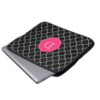 Black and White Quatrefoil with Monogram Laptop Sleeve