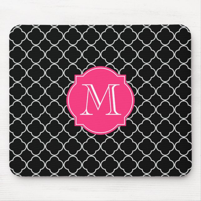 Black and White Quatrefoil with Monogram Mouse Mat (Front)