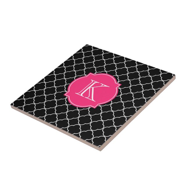 Black and White Quatrefoil with Monogram Tile (Side)