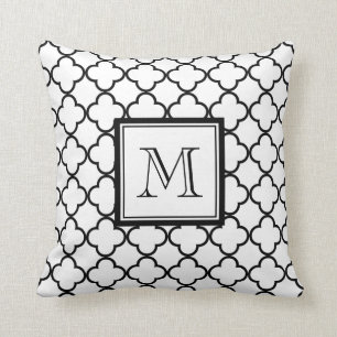 Black and White Quatrefoil, Your Monogram Cushion