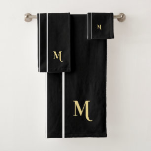 Black and White Racing Stripes Faux Gold Monogram Bath Towel Set