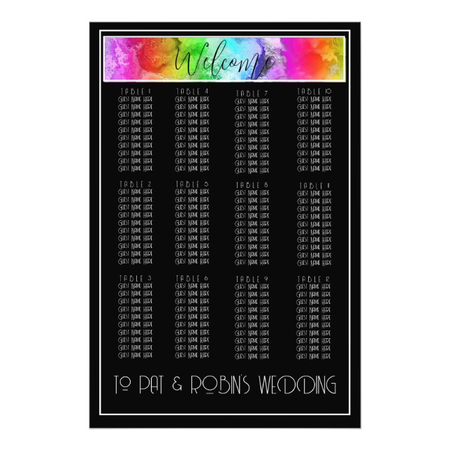 Black and White Rainbow Ink Seating Chart Print (Front)