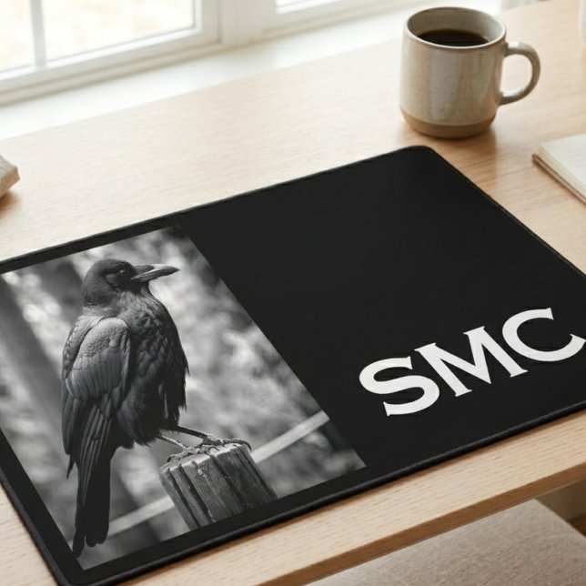 Black and White Raven Monogram Desk Mat (A sleek black and white raven desk mat for a writer's stylish home office upgrade.)