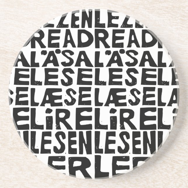 Black and White "Read" in 8 Languages Lino Cut Coaster (Front)