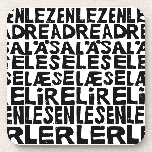 Black and White "Read" in 8 Languages Lino Cut Coaster (Front)