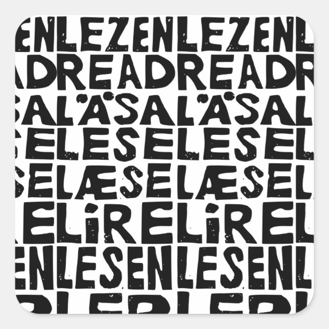 Black and White "Read" in 8 Languages Lino Cut Square Sticker (Front)