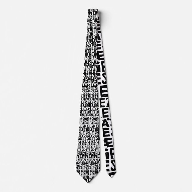 Black and White "Read" in 8 Languages Lino Cut Tie (Front)