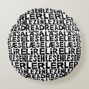 Black and White "Read" in 8 Languages Lino Print Round Cushion