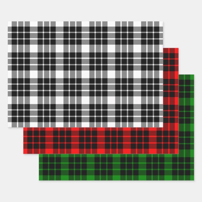 Black and White, Red and Green Plaid Wrapping Paper Sheet (Set)
