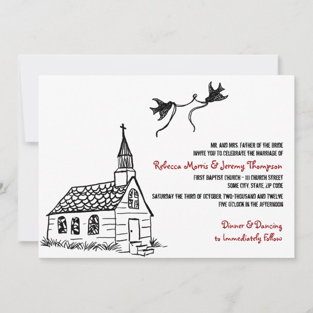 Black and White Red Chapel Wedding Invitation (Front)
